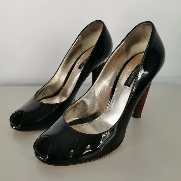 D&G Dolce Gabbana Black Patent Leather Open Toe Shoes High Heel 38 UK 5 RRP £242 - Picture 3 of 9